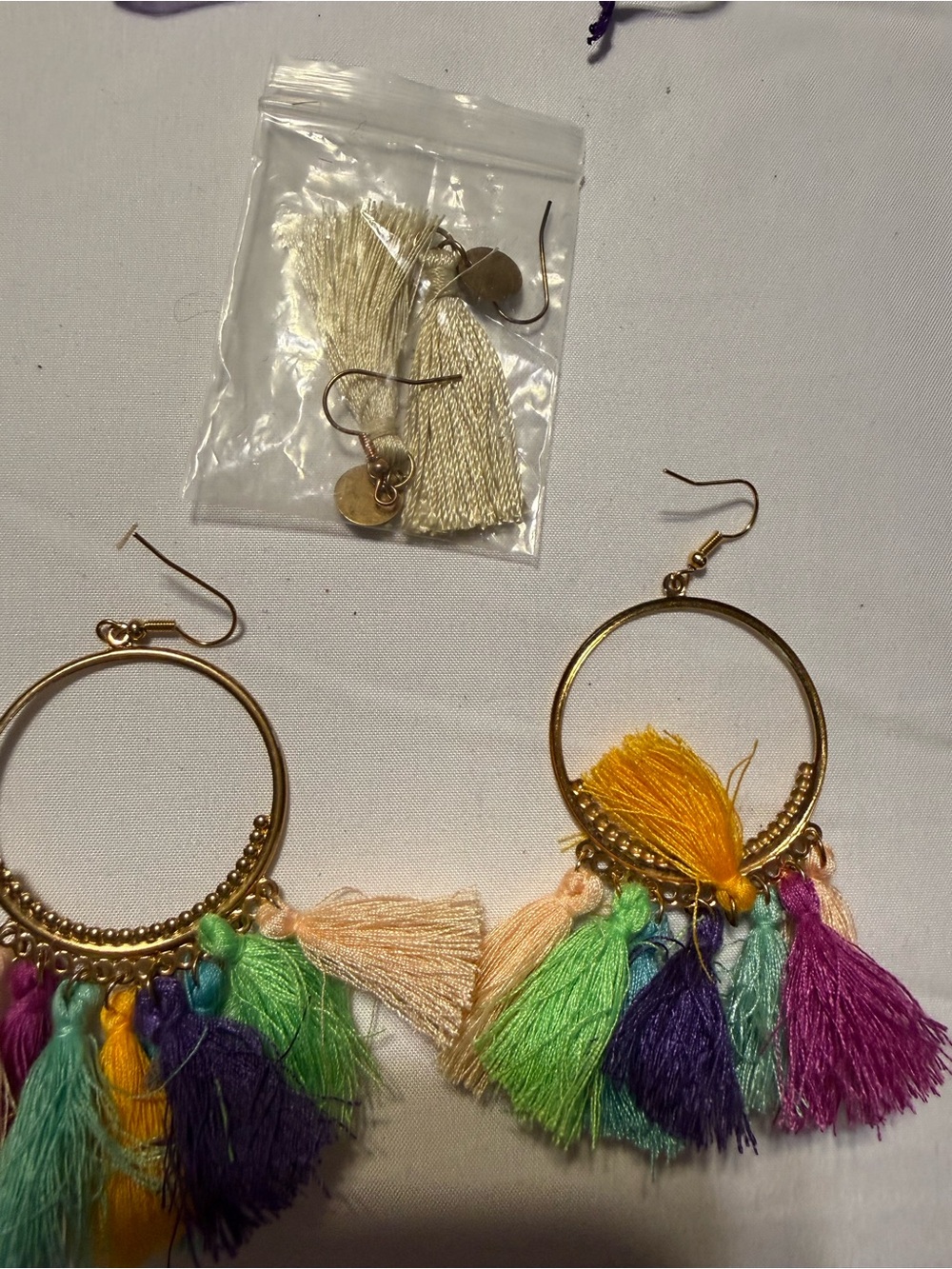 Gold Hoop Tassel Earrings with Multicolor Tassels